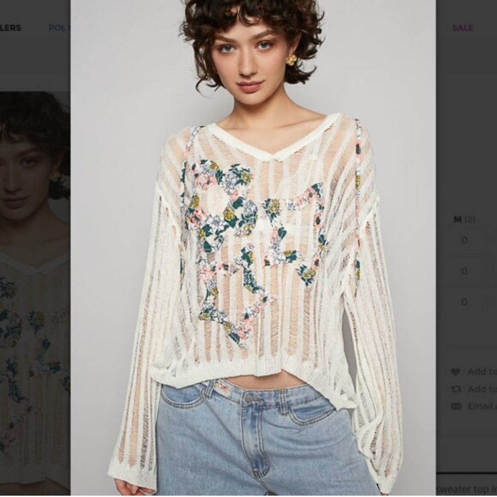 POL Open Stitch Star Hoodie Sheer Knit Floral Blouse - Cream and Pink size Small